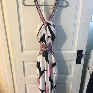 halter top prom dress with low cross cross back